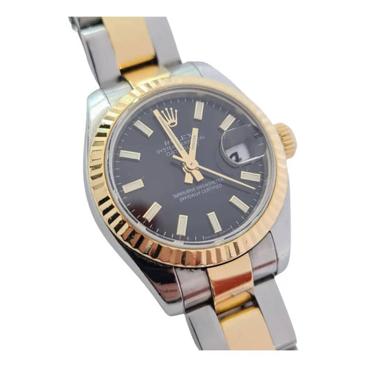 Montre femme 26 mm rolex lady just noir acier inoxydables or argent