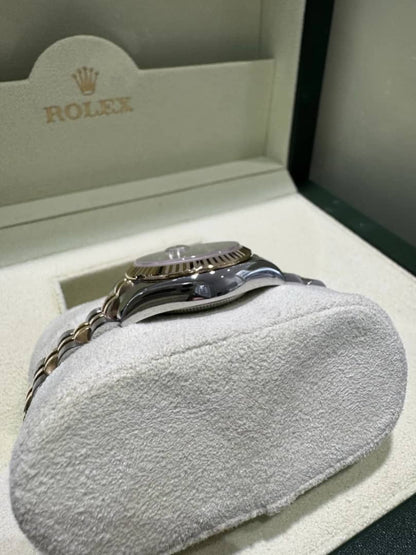 Montre femme 26 mm rolex lady just noir acier inoxydables or argent