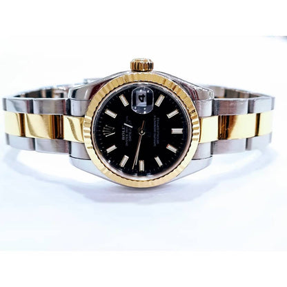 Montre femme 26 mm rolex lady just noir acier inoxydables or argent