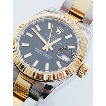 Montre femme 26 mm rolex lady just noir acier inoxydables or argent